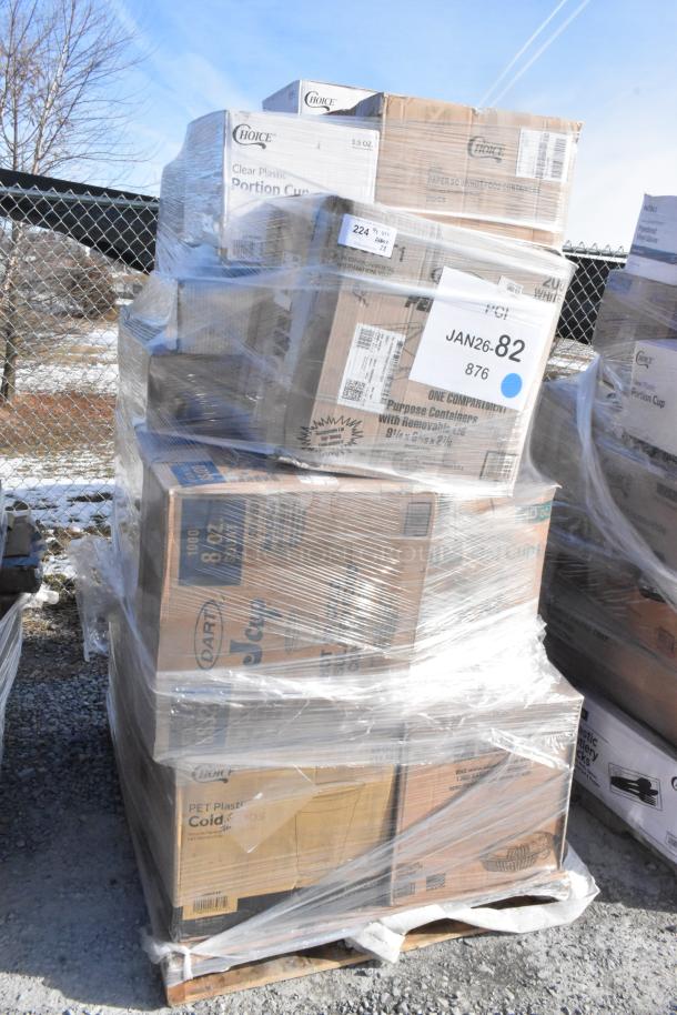 Pallet with 28 new scratch and dent items, including Choice portion cups, Dart hot cups, and containers, wrapped in plastic.