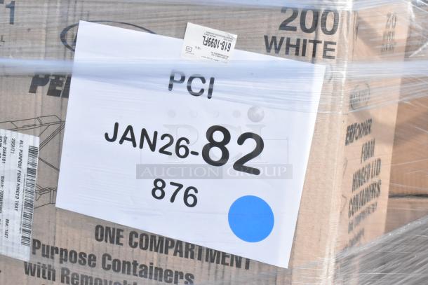 Pallet of 28 brand new scratch and dent items, including hot cups and containers, in packaging with labels and markings visible.