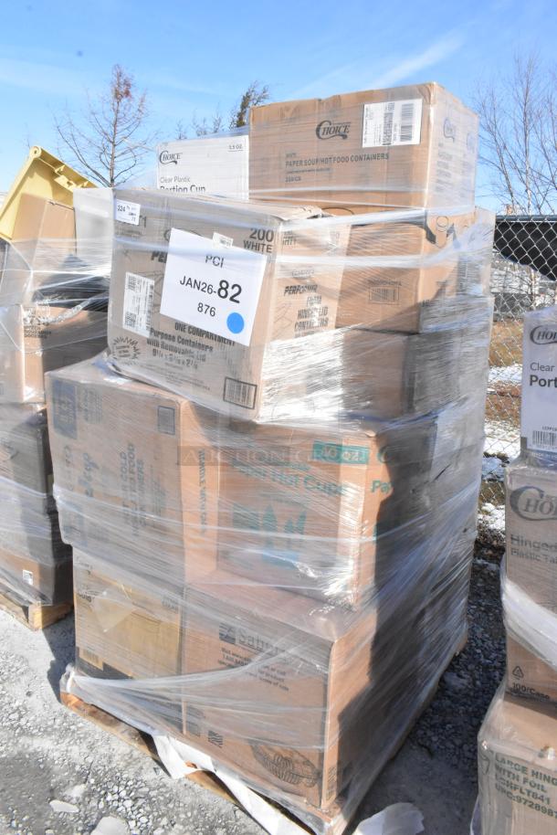 Pallet of brand new scratch and dent items, including Choice hot cups and containers, wrapped for auction, labeled for sale.