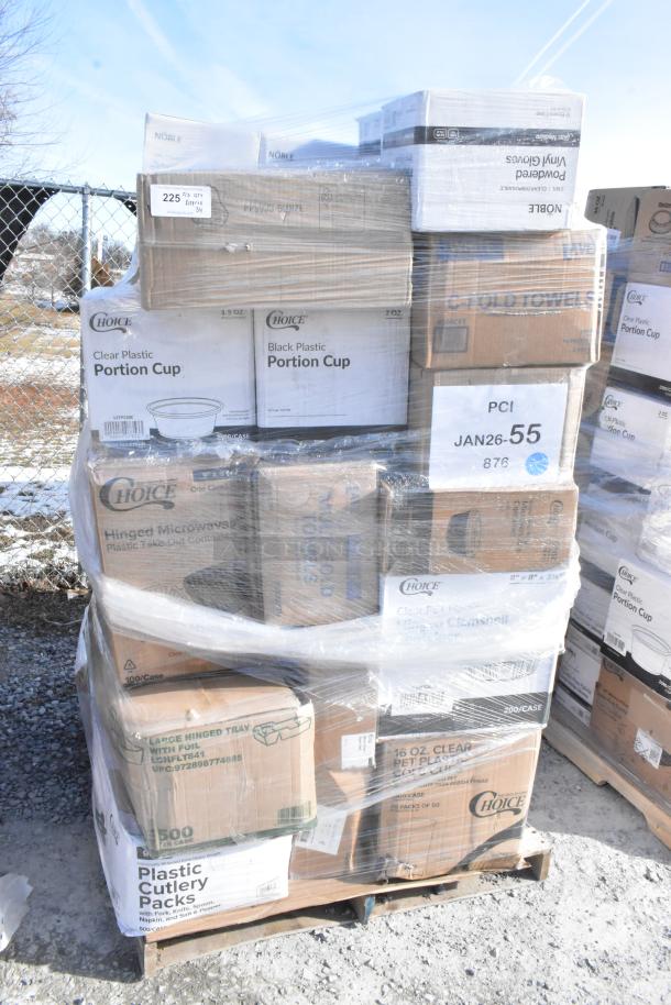 Pallet of 34 new scratch and dent items including Choice portion cups, containers, and cutlery packs.
