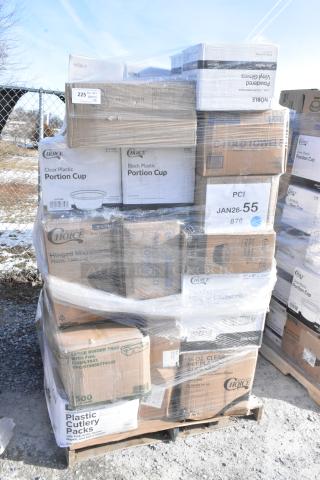 Pallet of 34 new scratch and dent items including Choice portion cups, containers, and cutlery packs.