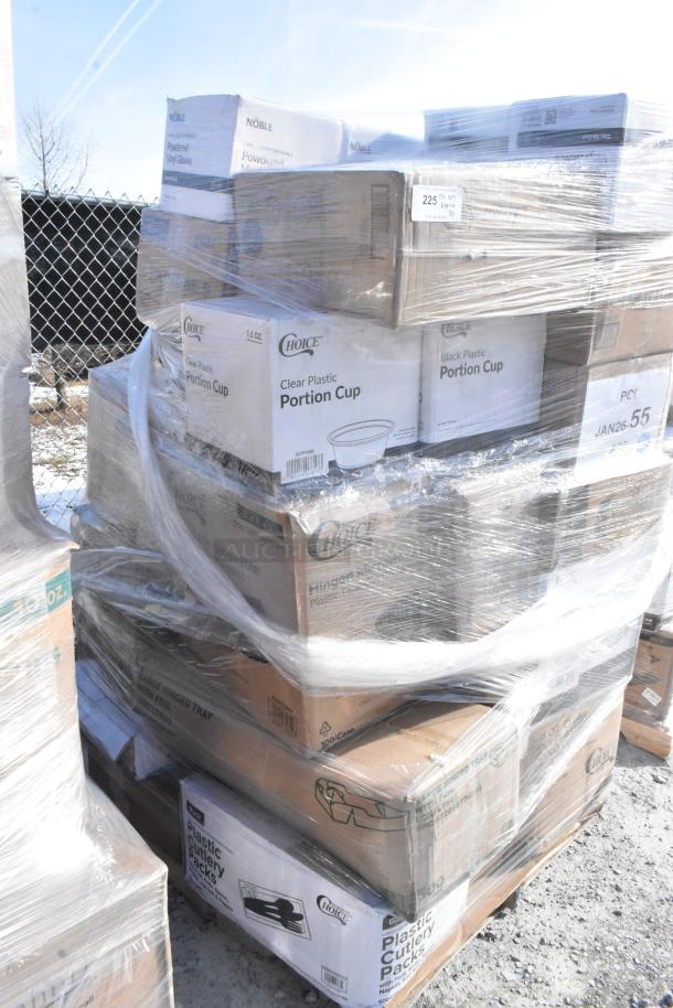 Pallet of 34 new packaged items including Choice portion cups, baking cups, cutlery packs. Some labeled Noble, wrapped and ready.