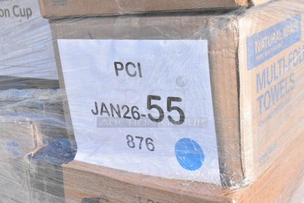 34 brand new scratch and dent items including baking cups, portion cups, containers, and cold cups, pallet marked PCI JAN26-55 876.