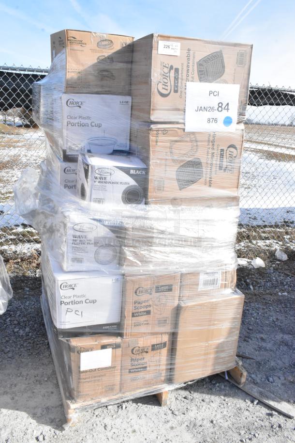 Pallet of 32 scratch and dent items including Choice dispenser cartons, plastic containers, plates box, portion cups, labels.