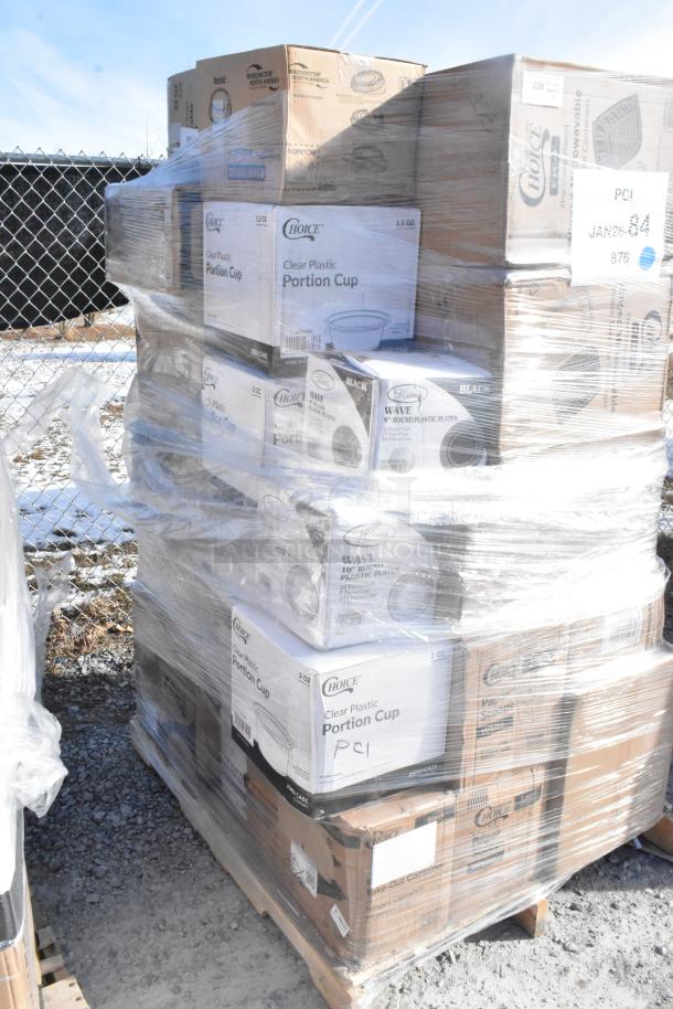 Pallet of assorted "Choice" brand service items, including clear plastic portion cups and wave plates, packaged and labeled.