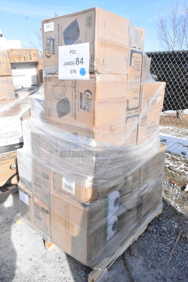Pallet with 32 new scratch and dent items, including cartons, containers, and plates. Boxes marked "Choice" brand.