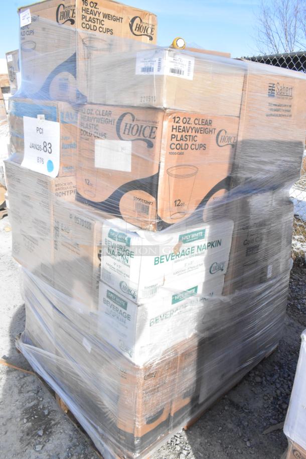 Pallet of 32 brand new scratch and dent items, including Choice cold cups, beverage napkins, portion cups, and forks.