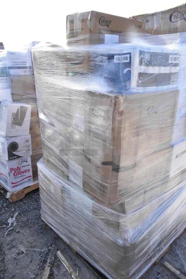 Pallet of 32 scratch and dent items, including portion cups, forks, and containers. Boxes show brand labeling.