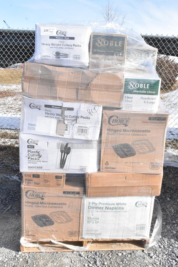Pallet with 37 new scratch and dent items including Choice cutlery packs, Noble gloves, and hinged containers.