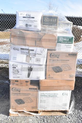 Pallet with 37 new scratch and dent items including Choice cutlery packs, Noble gloves, and hinged containers.