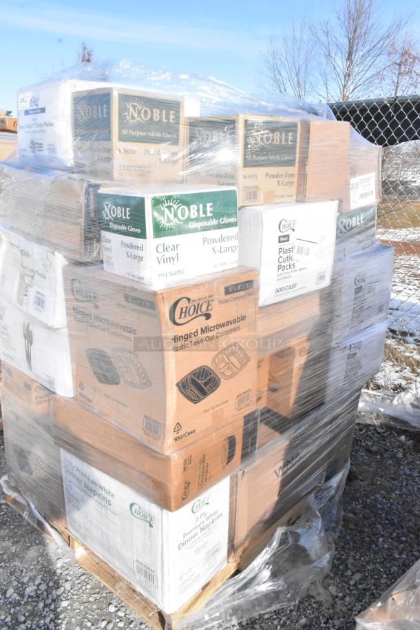 Pallet of brand new scratch and dent items including Noble gloves, Choice containers, and sandwich bags wrapped in plastic.