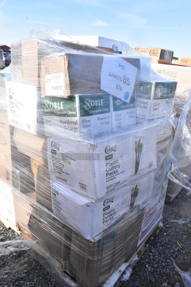 Pallet of mixed items including Noble disposable gloves, EcoCraft containers, and Choice plastic cutlery packs, all shrink-wrapped.