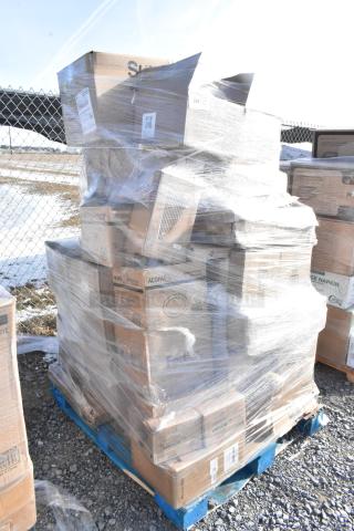 Pallet wrapped with 33 boxes of brand new scratch and dent items including tumblers, lab coats, glasses, and plates.