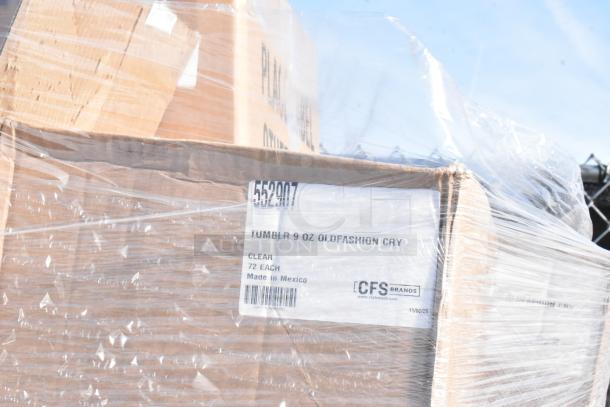 Palette of 33 brand new items including tumblers and more. Box reads "Tumblr 9 oz Oldfashion Cry, Clear, 72 each, Made in Mexico."