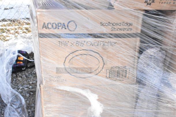 Pallet of Acopa branded scalloped edge stoneware boxes, 11 1/8" x 8 1/2" oval platters, wrapped in plastic.
