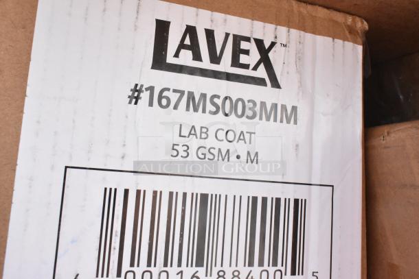 Alt text: Lavex lab coat box label, model #167MS003MM, 53 GSM, size M, part of 33 scratch and dent items auction.
