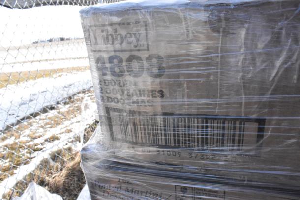 Pallet of Libbey 4808 items, including tumblers, lab coats, glasses, and plates. Brand new, scratch and dent condition.