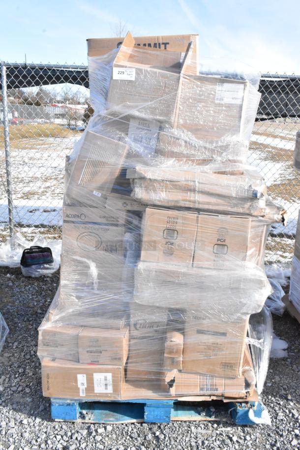 Pallet of 33 wrapped boxes of new scratch and dent items, including tumblers, lab coats, glasses, and plates. Visible box labels.