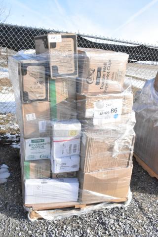 Pallet with 30 new items, including cartons labeled "Choice" cold cups, beverage napkins, and containers. Slight packaging wear.