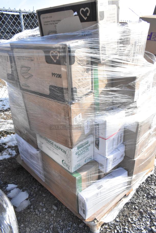 Pallet of 30 scratch and dent items, including containers, shopping bags, and cold cups, wrapped in plastic. Boxes labeled "Beverage Napkin."
