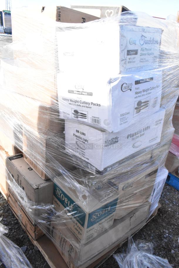 Shrink-wrapped pallet of assorted scratch and dent items, including cutlery packs, plastic lids, and Noble brand gloves.