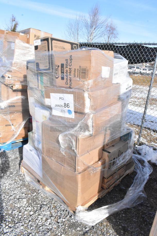 Pallet of 30 boxes containing new scratch and dent items like containers, shopping bags, and cold cups, wrapped in plastic.