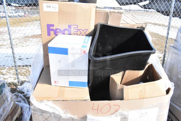 16 brand new scratch and dent auction items including hot cups, trash can, shopping bags, and tumblers in original packaging.