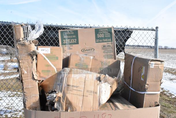 16 brand new scratch and dent items including bakery dolly, wire security cage, and foam cups. Packaging shows minor damage.