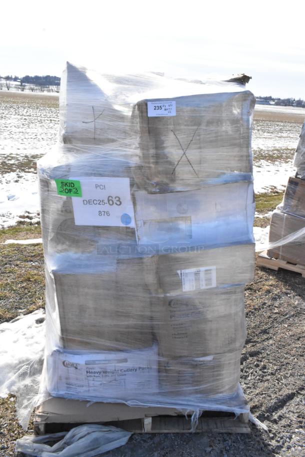 Pallet of 22 brand new scratch and dent items, including Choice cutlery packs and cold cups, wrapped in plastic film. Visible labels include product and quantity details.