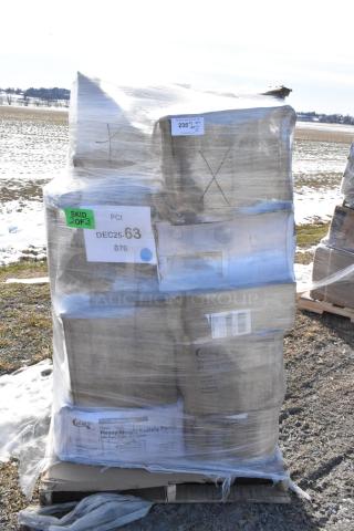 Pallet of 22 brand new scratch and dent items, including Choice cutlery packs and cold cups, wrapped in plastic film. Visible labels include product and quantity details.