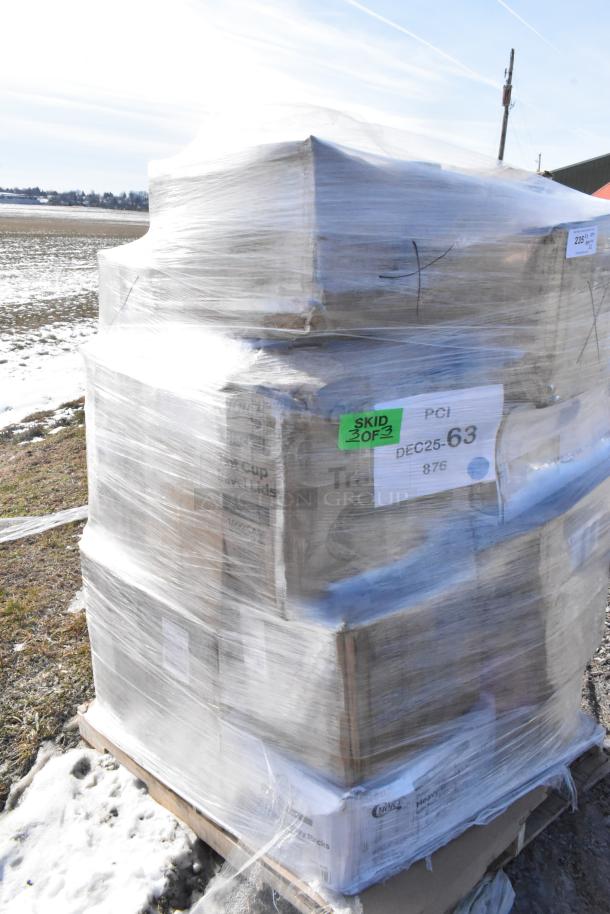 22 brand new scratch and dent items on a pallet, wrapped, including Choice cutlery packs and cold cups. Labels visible.