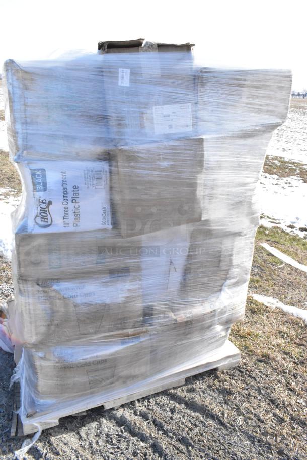 Wrapped pallet with 22 new scratch and dent items: Choice cutlery packs, cold cups. Boxes are visible through plastic wrap.