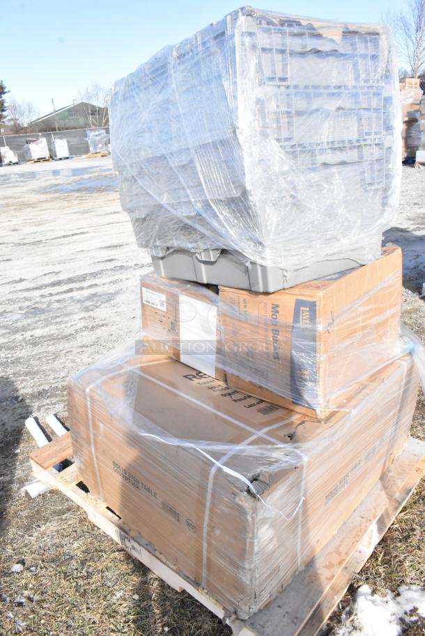 Pallet with 4 new items in original packaging: Regency dish table, Chafer tote, Detecto scale, all wrapped for auction.