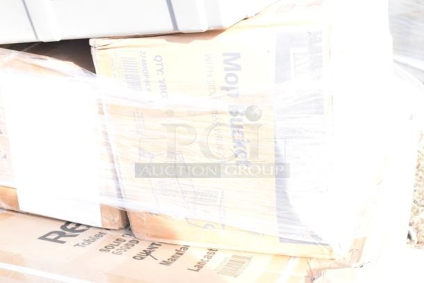 Four brand new, scratch and dent items including a Regency 600DDT36R dish table, storage box, and scale. Packaged in cardboard with visible labels.