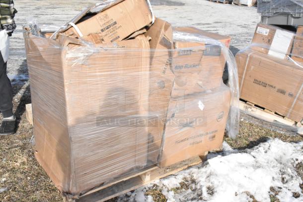 13 new scratch and dent items on pallet, wrapped in plastic. Includes boxed blender station, tumblers, tabletops. Auction lot.