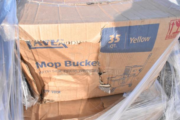 Cardboard box labeled "Lavex Mop Bucket, 35 Qt, Yellow" with side press wringer, showing damage. Box marked fragile, 1 per box.