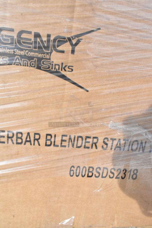 Cardboard box labeled "REGency Stainless Steel Commercial Underbar Blender Station" model 600BSDS2318. New condition.