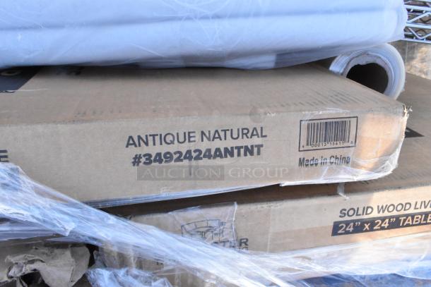 Cardboard boxes labeled "ANTIQUE NATURAL #3492424ANTNT," packed with table tops. Includes "Made in China" marking.