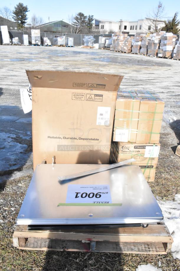 Four brand new items: Southbend tray, dome lids, Pitco filter pan, on a pallet. Box label indicates "Reliable, Durable, Dependable."