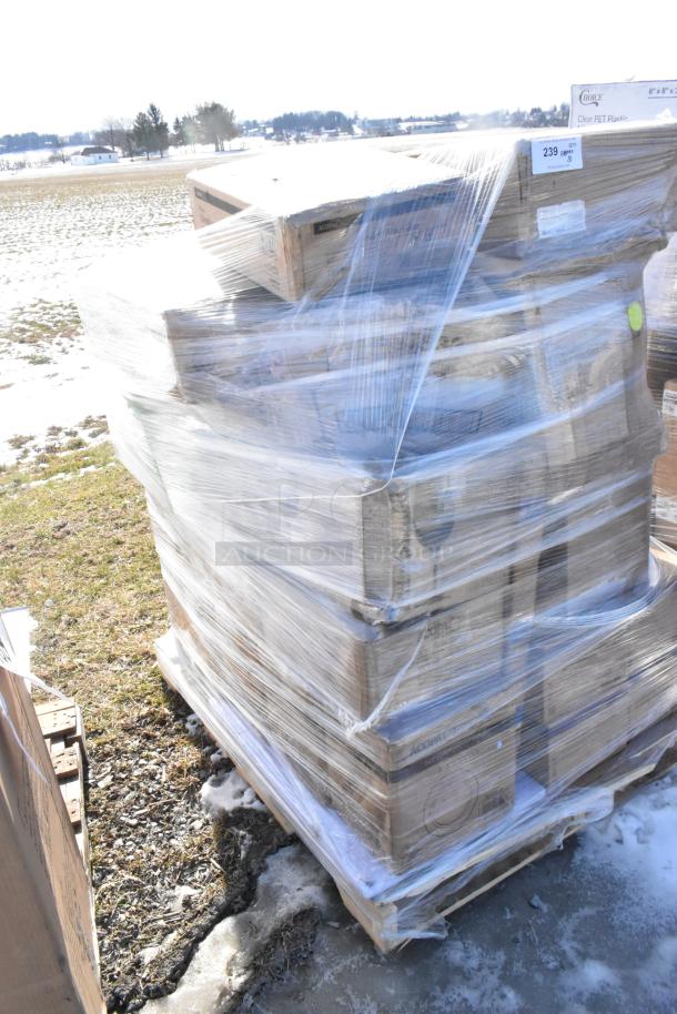 Pallet of 31 new scratch and dent items with wine glasses, pizza pans, plates, wire shelf. Items wrapped in plastic.