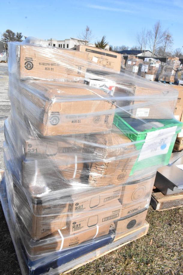 Pallet of 31 scratch and dent items including wine glasses, pizza pans, coupe plates, wire shelf. Boxes are shrink-wrapped.
