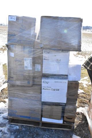 Pallet of 37 brand new items including Choice portion cup lids, microwavable containers, and cutlery packs, wrapped and labeled.