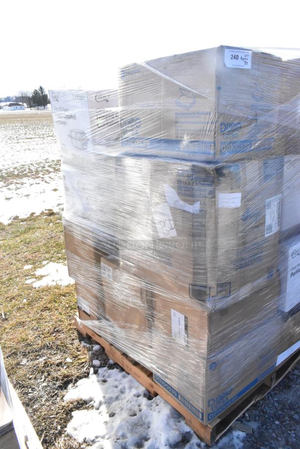 Pallet of 37 brand-new scratch and dent items, including Choice portion cup lids, microwavable containers, and cutlery packs.