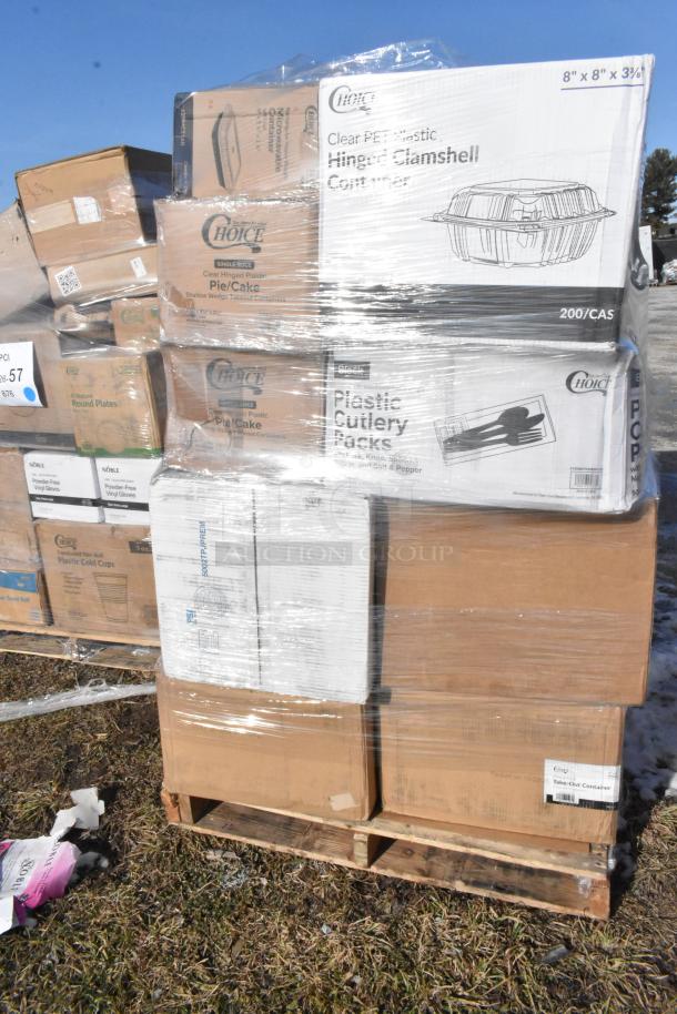 Pallet of 37 brand new scratch and dent items including Choice lids, microwavable containers, and cutlery packs.