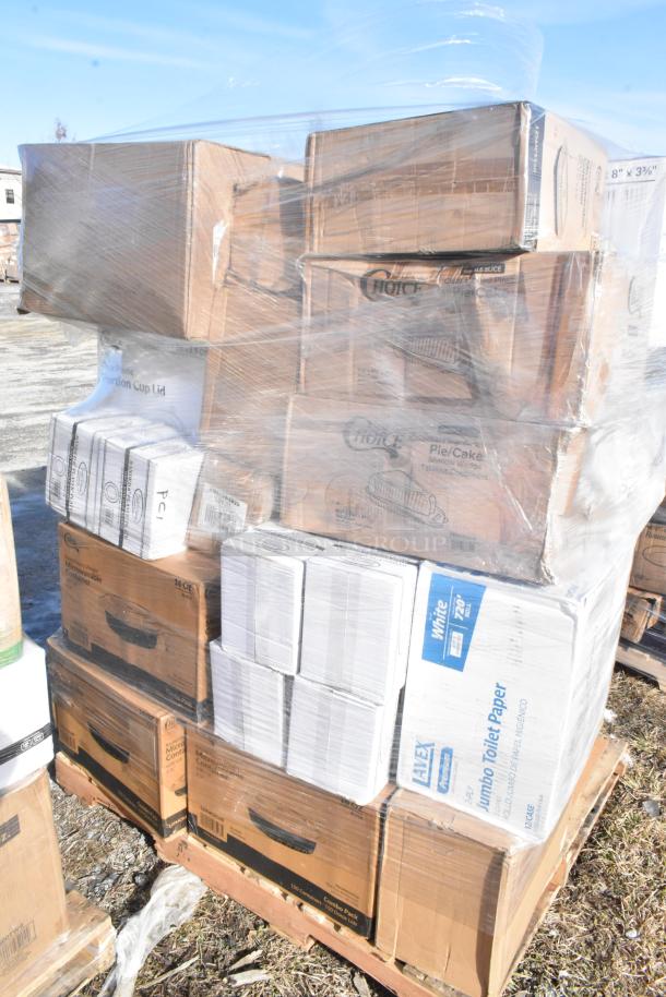 Boxes of new scratch and dent items including Choice portion cup lids, microwavable containers, and cutlery packs on a pallet.