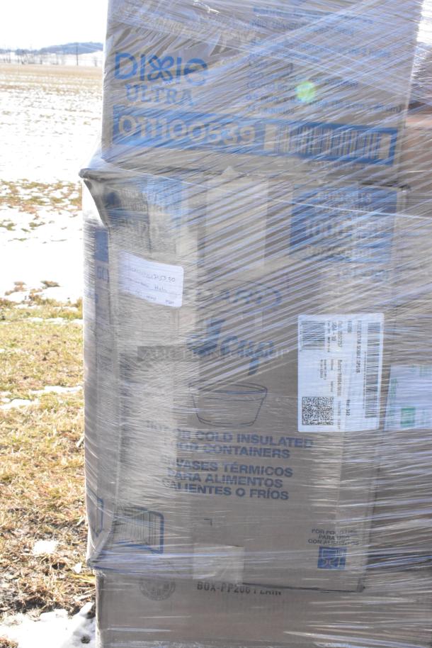 Plastic-wrapped pallet containing brand new scratch and dent items, including Dixie Ultra containers and lids. 37 items in total.