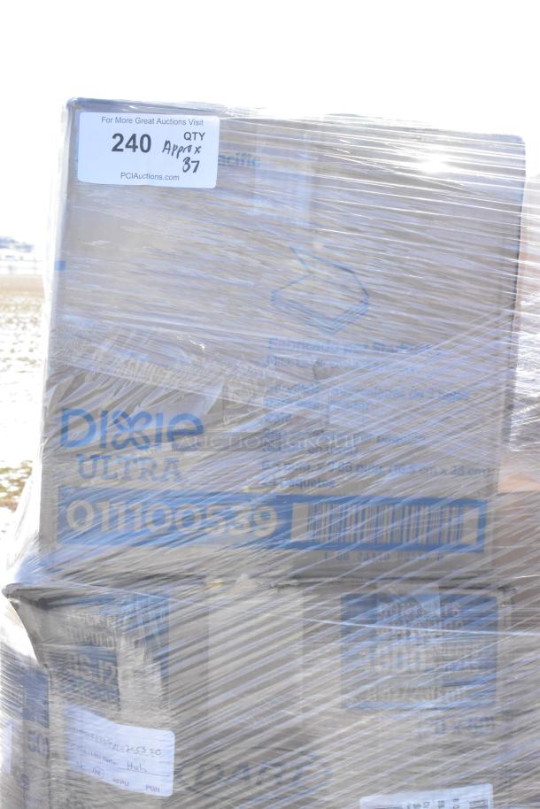 37 new scratch and dent items including cup lids, containers, cutlery packs. Labels show Dixie Ultra. 37 times your bid.