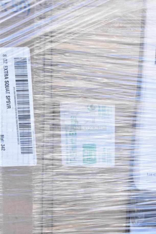 Plastic-wrapped pallet containing assorted scratch and dent items, including 8 oz portion cup lids. Package labeled "Mat: 342."