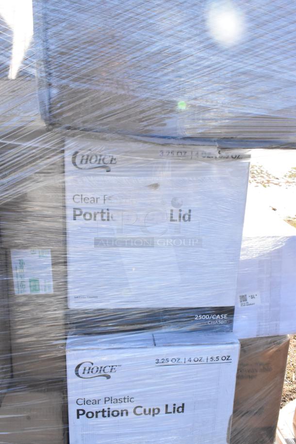 Stack of brand new Choice portion cup lids, 3.25-5.5 oz, 2500 per case. Packaged on a pallet, labeled "Clear Plastic."