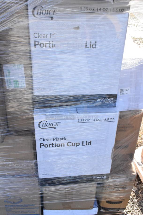 Sealed pallet of 37 brand new scratch and dent items, including Choice portion cup lids, microwavable containers, cutlery packs.